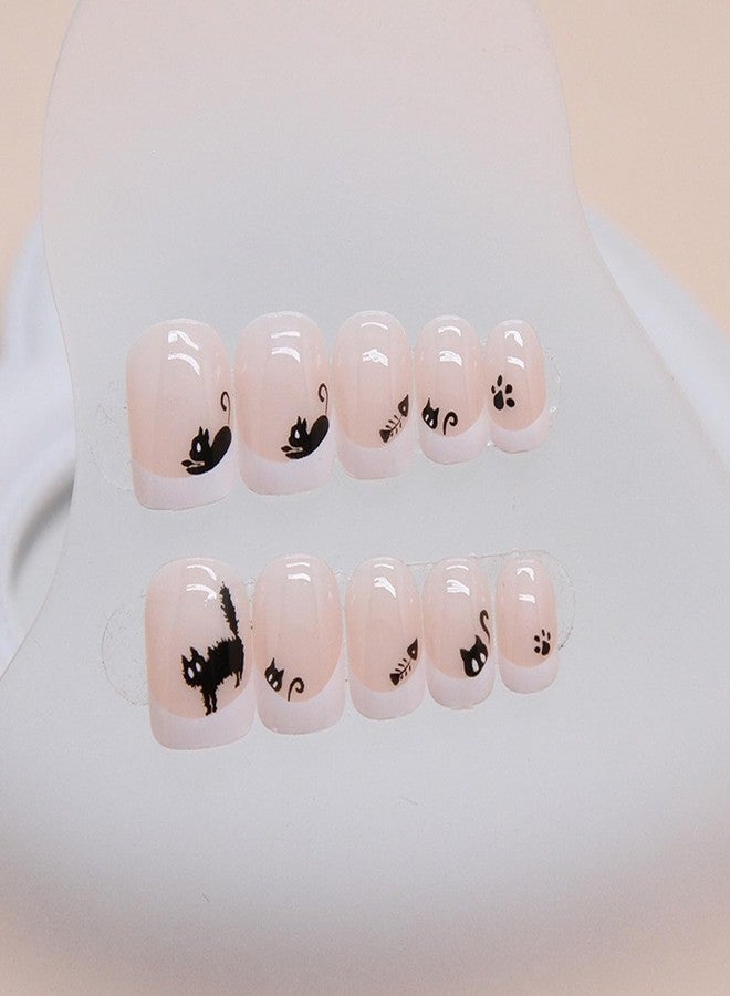 OCOUYVD Hallowen Cat Press on Nails Short Square Shaped French Tip Fake Nails with Cute Cartoon Black Cats and Fish Design Pink Glossy False Nails Full Cover Acrylic Nails for Women - Image 4